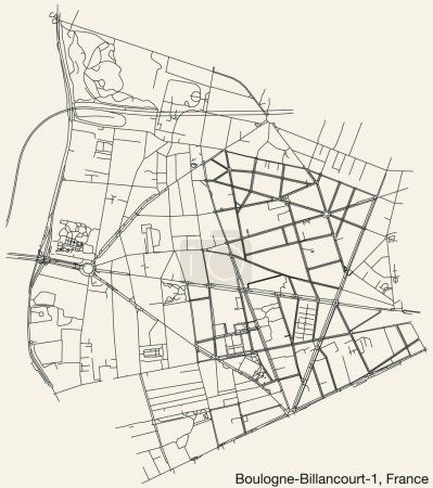 Téléchargez les illustrations : Carte détaillée des routes urbaines de navigation dessinée à la main de la BOULOGNE-BILLANCOURT-1 CANTON de la ville française de BOULOGNE-BILLANCOURT, France avec des lignes de route vives et une étiquette de nom sur fond solide - en licence libre de droit