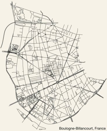Téléchargez les illustrations : Carte routière urbaine détaillée dessinée à la main de la ville française de BOULOGNE-BILLANCOURT, FRANCE avec des lignes de route solides et une étiquette de nom sur fond vintage - en licence libre de droit