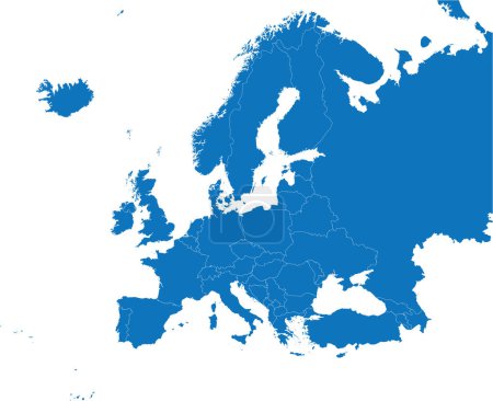 Ilustración de BLUE CMYK mapa de plantilla plana detallada de color del continente de EUROPA (con fronteras de país) sobre fondo transparente - Imagen libre de derechos