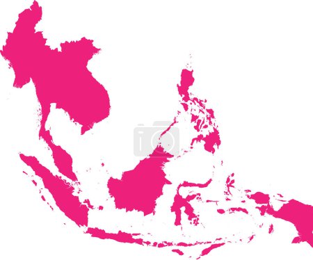 Ilustración de ROSE CMYK mapa de plantilla plana detallada de color de la región de SOUTHEAST ASIA sobre fondo transparente - Imagen libre de derechos