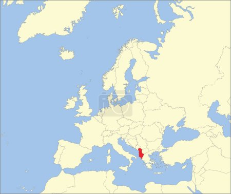 Carte nationale rouge CMJN de l'ALBANIE à l'intérieur d'une carte politique beige détaillée du continent européen sur fond bleu en utilisant la projection de Mollweide