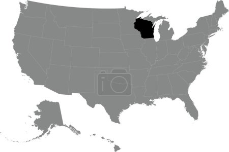 Illustration for Black CMYK federal map of WISCONSIN inside detailed gray blank political map of the United States of America on transparent background - Royalty Free Image