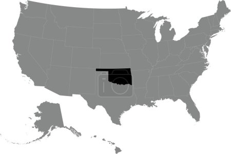 Illustration for Black CMYK federal map of OKLAHOMA inside detailed gray blank political map of the United States of America on transparent background - Royalty Free Image