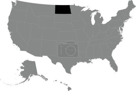 Illustration for Black CMYK federal map of NORTH DAKOTA inside detailed gray blank political map of the United States of America on transparent background - Royalty Free Image