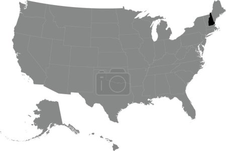 Illustration for Black CMYK federal map of NEW HAMPSHIRE inside detailed gray blank political map of the United States of America on transparent background - Royalty Free Image