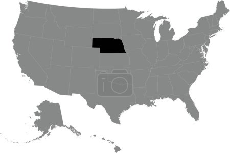 Illustration for Black CMYK federal map of NEBRASKA inside detailed gray blank political map of the United States of America on transparent background - Royalty Free Image
