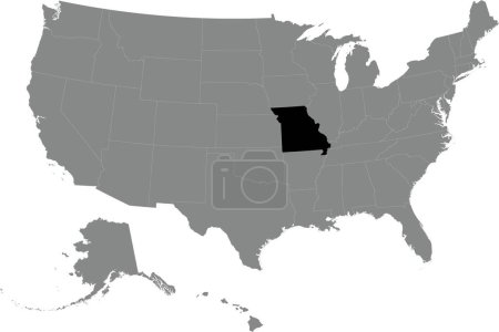 Illustration for Black CMYK federal map of MISSOURI inside detailed gray blank political map of the United States of America on transparent background - Royalty Free Image