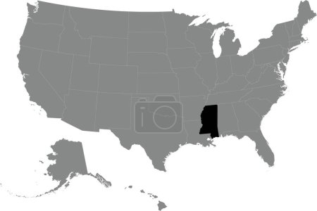 Illustration for Black CMYK federal map of MISSISSIPPI inside detailed gray blank political map of the United States of America on transparent background - Royalty Free Image