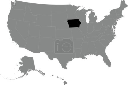 Illustration for Black CMYK federal map of IOWA inside detailed gray blank political map of the United States of America on transparent background - Royalty Free Image