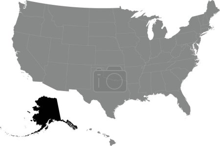 Black CMYK federal map of ALASKA inside detailed gray blank political map of the United States of America on transparent background