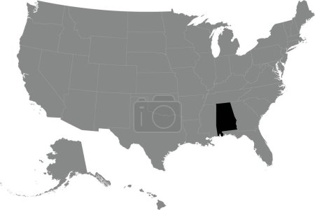 Illustration for Black CMYK federal map of ALABAMA inside detailed gray blank political map of the United States of America on transparent background - Royalty Free Image