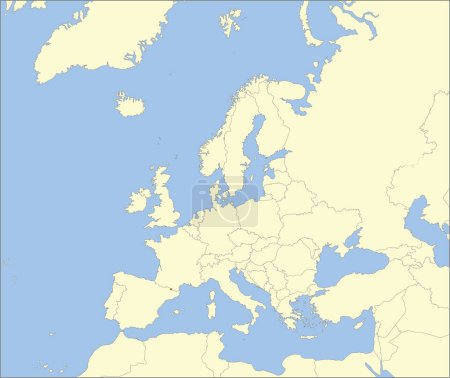 Ilustración de Mapa nacional CMYK rojo de ANDORRA dentro del mapa político en blanco beige detallado del continente europeo sobre fondo azul usando la proyección de Mollweide - Imagen libre de derechos