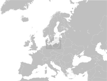Grüne CMYK-Nationalkarte von ANDORRA innerhalb einer detaillierten grauen leeren politischen Landkarte des europäischen Kontinents mit Seen auf transparentem Hintergrund mittels Mercator-Projektion