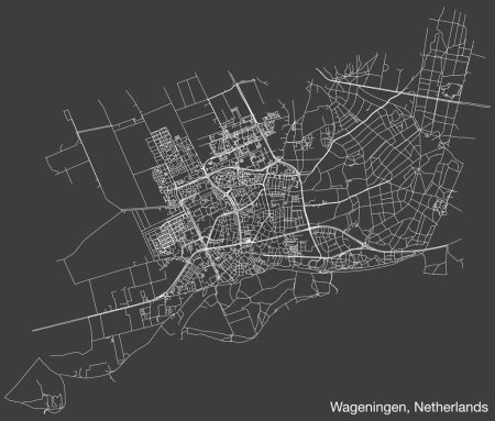Illustration for Detailed hand-drawn navigational urban street roads map of the Dutch city of WAGENINGEN, NETHERLANDS with solid road lines and name tag on vintage background - Royalty Free Image