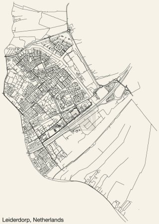 Illustration for Detailed hand-drawn navigational urban street roads map of the Dutch city of LEIDERDORP, NETHERLANDS with solid road lines and name tag on vintage background - Royalty Free Image