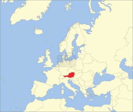Carte nationale rouge CMJN de l'AUTRICHE à l'intérieur carte politique beige détaillée du continent européen sur fond bleu en utilisant la projection de Mollweide