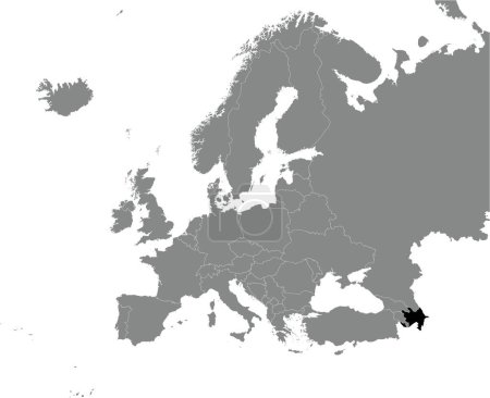 Black CMYK national map of AZERBAIJAN inside detailed gray blank political map of European continent on transparent background using Mercator projection