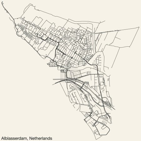 Illustration for Detailed hand-drawn navigational urban street roads map of the Dutch city of ALBLASSERDAM, NETHERLANDS with solid road lines and name tag on vintage background - Royalty Free Image