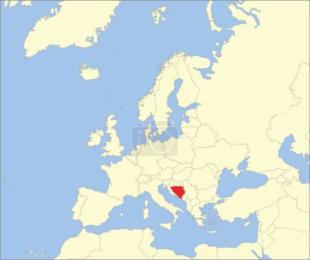 Téléchargez les illustrations : Carte nationale rouge CMJN de la BOSNIE-HERZÉGOVINE à l'intérieur d'une carte politique vierge beige détaillée du continent européen sur fond bleu en utilisant la projection de Mollweide - en licence libre de droit