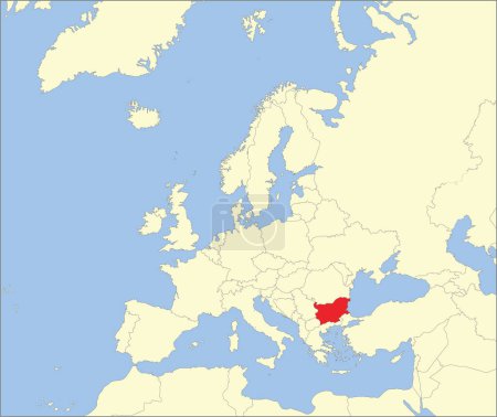 Rote CMYK-Nationalkarte von BULGARIEN innerhalb detaillierter beiger Blanko-Landkarte des europäischen Kontinents auf blauem Hintergrund mit Mollweide-Projektion