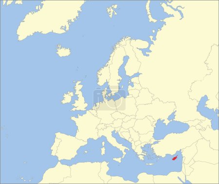 Téléchargez les illustrations : Carte nationale rouge CMJN de CHYPRE à l'intérieur d'une carte politique vierge beige détaillée du continent européen sur fond bleu en utilisant la projection de Mollweide - en licence libre de droit