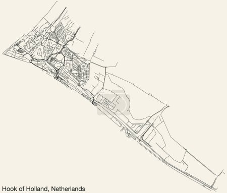 Illustration for Detailed hand-drawn navigational urban street roads map of the Dutch city of HOEK VAN HOLLAND, NETHERLANDS with solid road lines and name tag on vintage background - Royalty Free Image