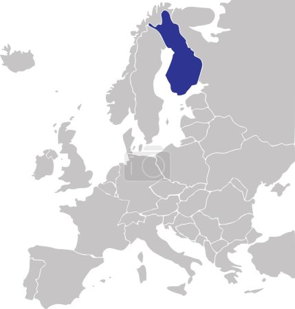 Ilustración de Mapa nacional CMYK azul de FINLANDIA dentro del mapa político en blanco gris simplificado del continente europeo sobre fondo transparente utilizando la proyección de Mercator - Imagen libre de derechos