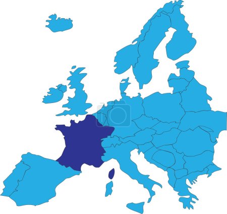 Téléchargez les illustrations : Carte nationale bleu foncé CMJN de la FRANCE à l'intérieur d'une carte politique vierge bleue simplifiée du continent européen sur fond transparent en utilisant la projection de Peters - en licence libre de droit