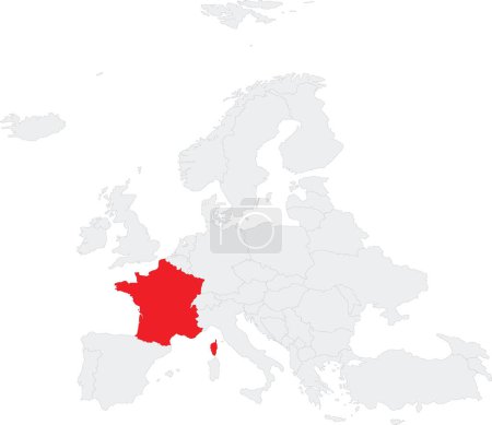 Téléchargez les illustrations : Carte nationale rouge CMJN de la FRANCE à l'intérieur d'une carte politique vierge grise du continent européen sur fond transparent en utilisant la projection Robinson - en licence libre de droit