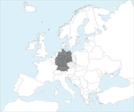 Téléchargez les illustrations : Carte nationale grise CMJN de l'ALLEMAGNE à l'intérieur carte politique blanche détaillée du continent européen sur fond bleu en utilisant la projection de Mollweide - en licence libre de droit