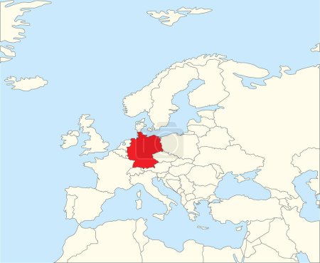 Téléchargez les illustrations : Carte nationale rouge CMJN de l'ALLEMAGNE à l'intérieur d'une carte politique vierge beige simplifiée du continent européen sur fond bleu en utilisant la projection Winkel Tripel - en licence libre de droit