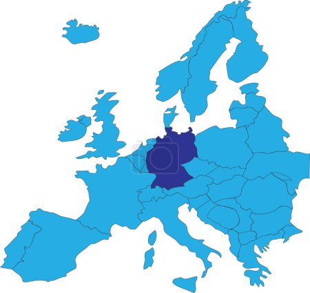 Téléchargez les illustrations : Carte nationale bleu foncé CMJN de l'ALLEMAGNE à l'intérieur d'une carte politique simplifiée bleue vierge du continent européen sur fond transparent en utilisant la projection de Peters - en licence libre de droit