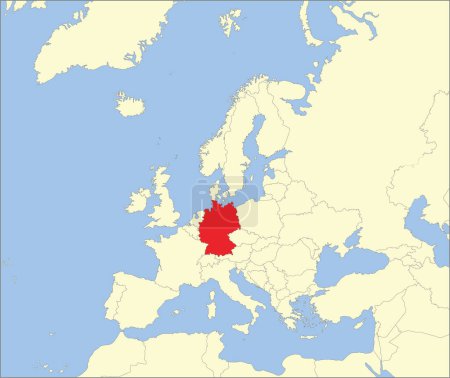 Red CMYK national map of GERMANY inside detailed beige blank political map of European continent on blue background using Mollweide projection