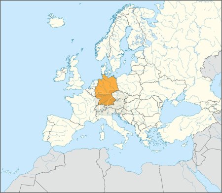 Téléchargez les illustrations : Carte nationale orange CMJN de l'ALLEMAGNE à l'intérieur carte politique beige détaillée du continent européen avec des rivières et des lacs sur fond bleu en utilisant la projection Mercator - en licence libre de droit