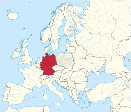 Téléchargez les illustrations : Carte nationale rouge CMJN de l'ALLEMAGNE à l'intérieur carte politique beige détaillée du continent européen avec des rivières et des lacs sur fond bleu en utilisant la projection Mercator - en licence libre de droit