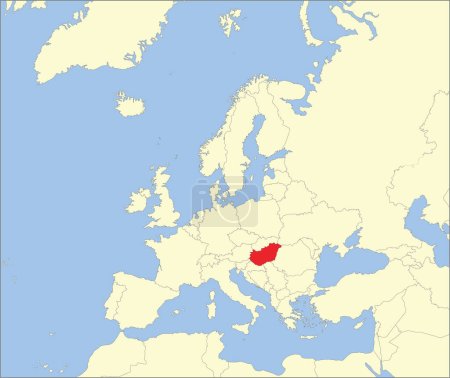 Carte nationale rouge CMJN de la HONGRIE à l'intérieur carte politique beige détaillée du continent européen sur fond bleu en utilisant la projection de Mollweide