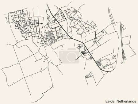 Illustration for Detailed hand-drawn navigational urban street roads map of the Dutch city of EELDE, NETHERLANDS with solid road lines and name tag on vintage background - Royalty Free Image