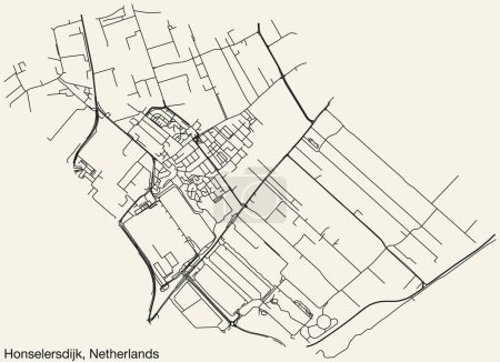 Illustration for Detailed hand-drawn navigational urban street roads map of the Dutch city of HONSELERSDIJK, NETHERLANDS with solid road lines and name tag on vintage background - Royalty Free Image