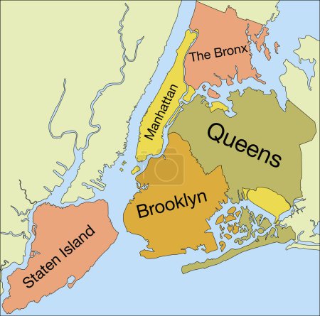Ilustración de Pastel plano vectorial mapa administrativo de la ciudad de Nueva York, ESTADOS UNIDOS con etiquetas de nombres y líneas de borde negro de sus municipios - Imagen libre de derechos