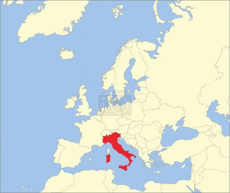 Rote CMYK-Nationalkarte von ITALIEN innerhalb detaillierter beiger Blanko-Landkarte des europäischen Kontinents auf blauem Hintergrund mit Mollweide-Projektion