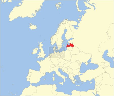 Téléchargez les illustrations : Carte nationale rouge CMJN de la LETTONIE à l'intérieur carte politique beige détaillée du continent européen sur fond bleu en utilisant la projection de Mollweide - en licence libre de droit