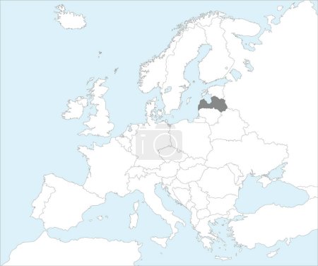 Téléchargez les illustrations : Carte nationale grise CMJN de la LETTONIE à l'intérieur carte politique blanche détaillée du continent européen sur fond bleu en utilisant la projection de Mollweide - en licence libre de droit