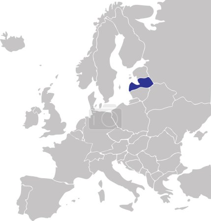 Téléchargez les illustrations : Carte nationale bleue CMJN de la LETTONIE à l'intérieur d'une carte politique vierge grise simplifiée du continent européen sur fond transparent à l'aide de la projection Mercator - en licence libre de droit