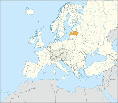 Téléchargez les illustrations : Carte nationale orange CMJN de la LETTONIE à l'intérieur carte politique beige détaillée du continent européen avec des rivières et des lacs sur fond bleu en utilisant la projection Mercator - en licence libre de droit