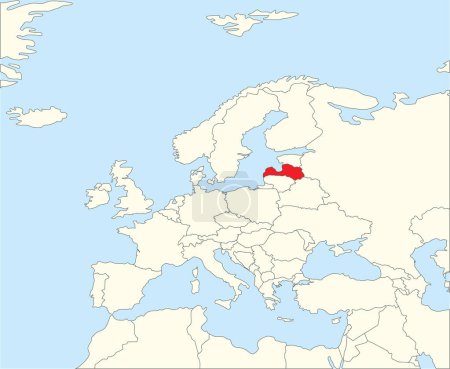 Téléchargez les illustrations : Carte nationale rouge CMJN de la LETTONIE à l'intérieur d'une carte politique vierge beige simplifiée du continent européen sur fond bleu en utilisant la projection Winkel Tripel - en licence libre de droit