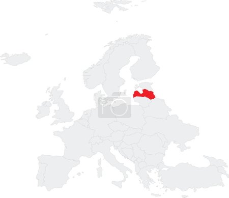 Téléchargez les illustrations : Carte nationale rouge CMJN de la LETTONIE à l'intérieur d'une carte politique vierge grise du continent européen sur fond transparent en utilisant la projection Robinson - en licence libre de droit