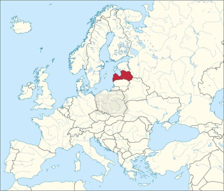 Téléchargez les illustrations : Carte nationale rouge CMJN de la LETTONIE à l'intérieur carte politique beige détaillée du continent européen avec des rivières et des lacs sur fond bleu en utilisant la projection Mercator - en licence libre de droit