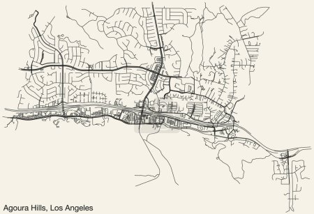 Illustration for Detailed hand-drawn navigational urban street roads map of the CITY OF AGOURA HILLS of the American LOS ANGELES CITY COUNCIL, UNITED STATES with vivid road lines and name tag on solid background - Royalty Free Image