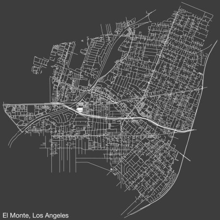 Illustration for Detailed hand-drawn navigational urban street roads map of the CITY OF EL MONTE of the American LOS ANGELES CITY COUNCIL, UNITED STATES with vivid road lines and name tag on solid background - Royalty Free Image