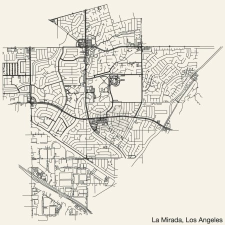 Illustration for Detailed hand-drawn navigational urban street roads map of the CITY OF LA MIRADA of the American LOS ANGELES CITY COUNCIL, UNITED STATES with vivid road lines and name tag on solid background - Royalty Free Image